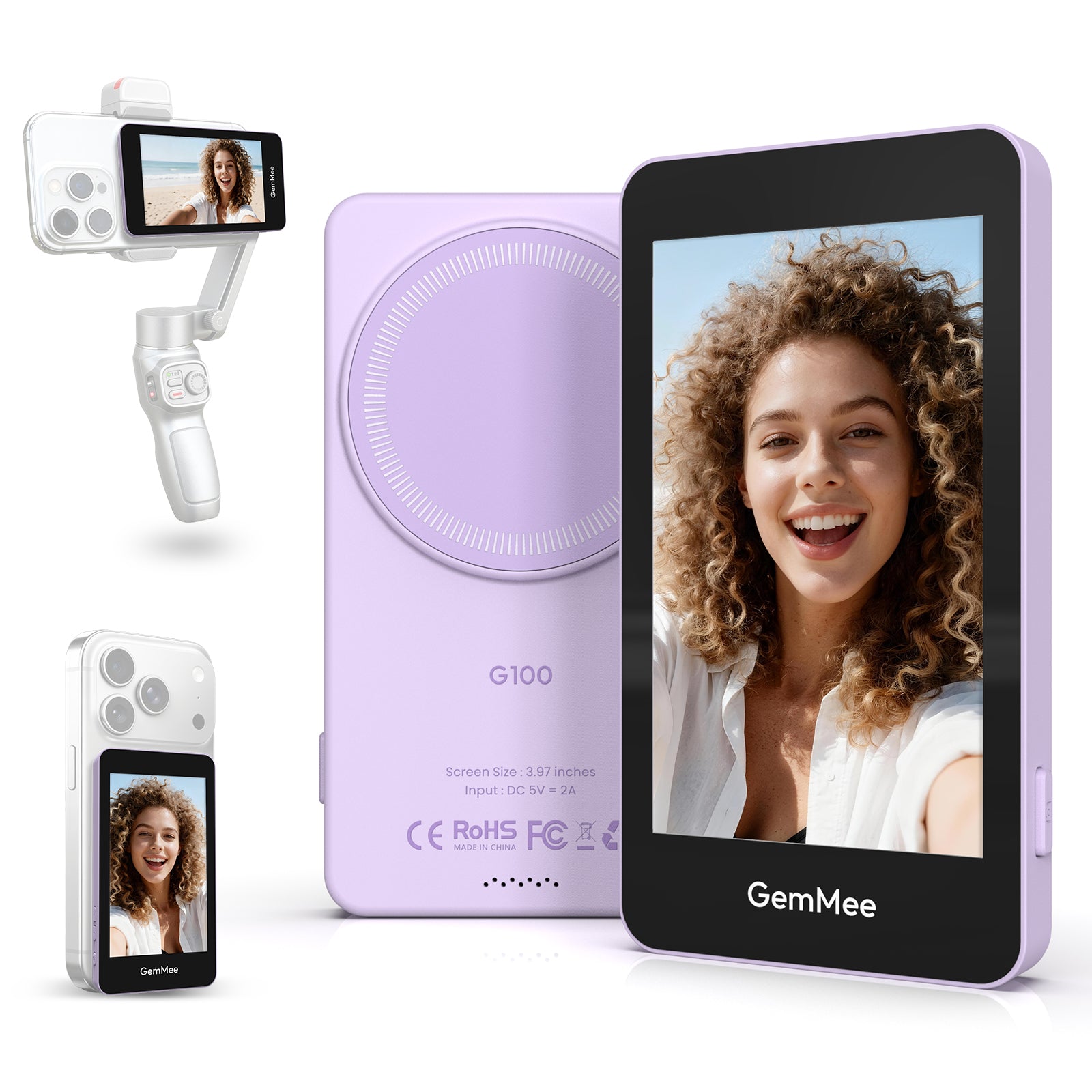 GemMee G100 Magnetic Smartphone Selfie Monitor - Purple